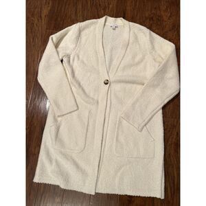 J Jill Cream Long One Button Front  Cardigan with pockets Medium Women's